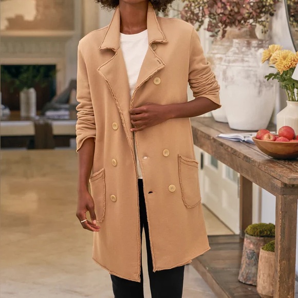 FRANK & EILEEN Belfast Trench Sweatshirt Trench Coat in Camel Size Large - Picture 8 of 12